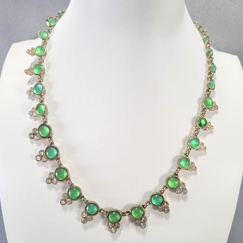 Anne Klein Necklace  Lion Tag Green Stones Gold Tone Cabochon Rhinestone Jewelry